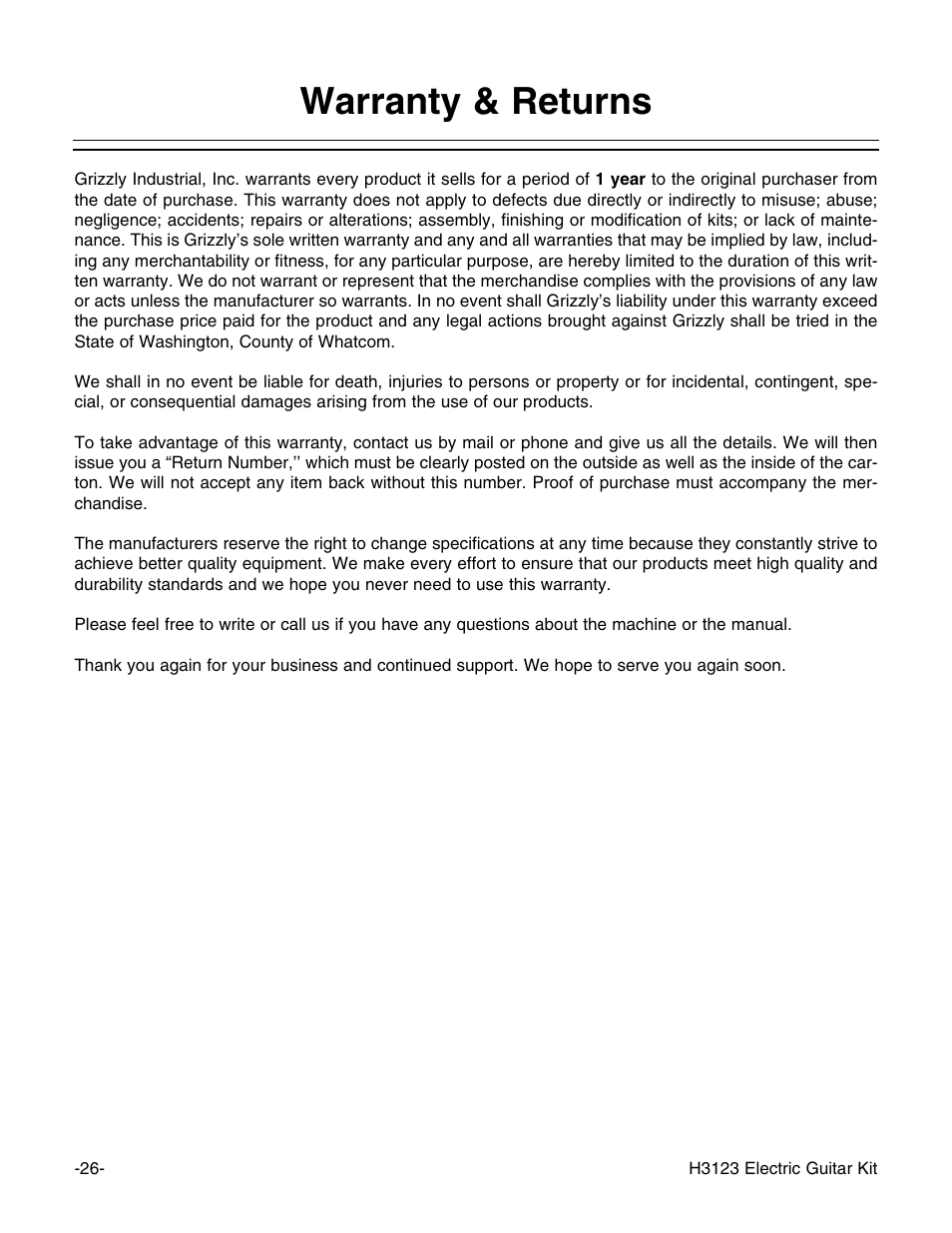Warranty & returns | Grizzly H3123 User Manual | Page 28 / 32