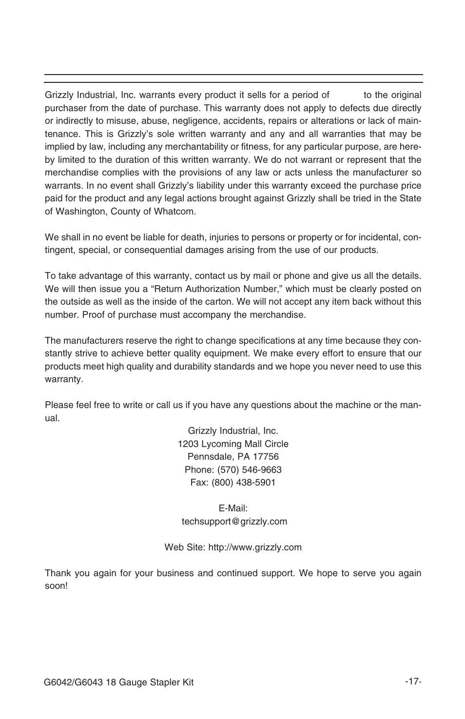 Warranty and returns | Grizzly G6043 User Manual | Page 18 / 20