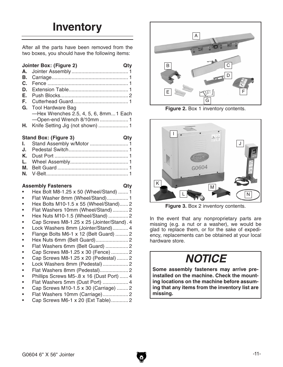 Inventory, Notice | Grizzly G0604 User Manual | Page 13 / 56