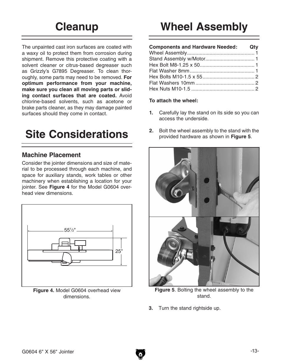 Site considerations cleanup, Wheel assembly | Grizzly G0604 User Manual | Page 15 / 56