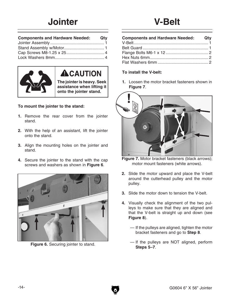 Jointer v-belt | Grizzly G0604 User Manual | Page 16 / 56