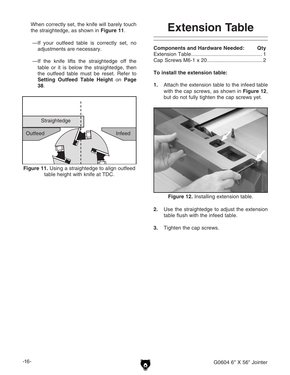 Extension table | Grizzly G0604 User Manual | Page 18 / 56