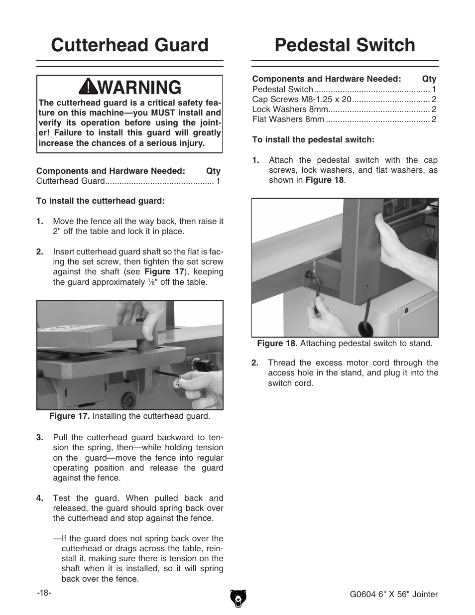 Cutterhead guard, Pedestal switch | Grizzly G0604 User Manual | Page 20 / 56