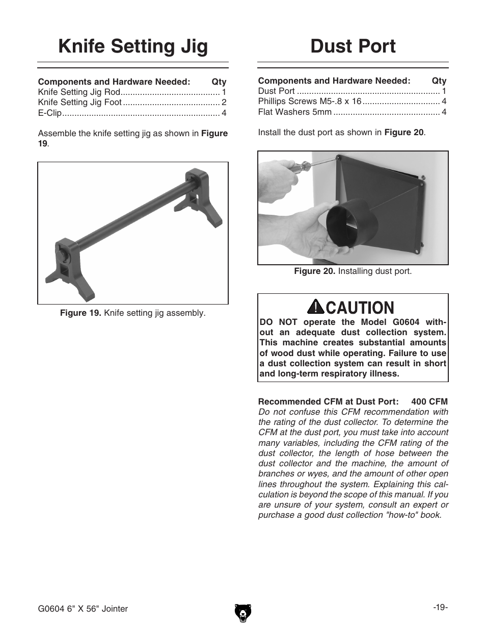 Dust port, Knife setting jig | Grizzly G0604 User Manual | Page 21 / 56