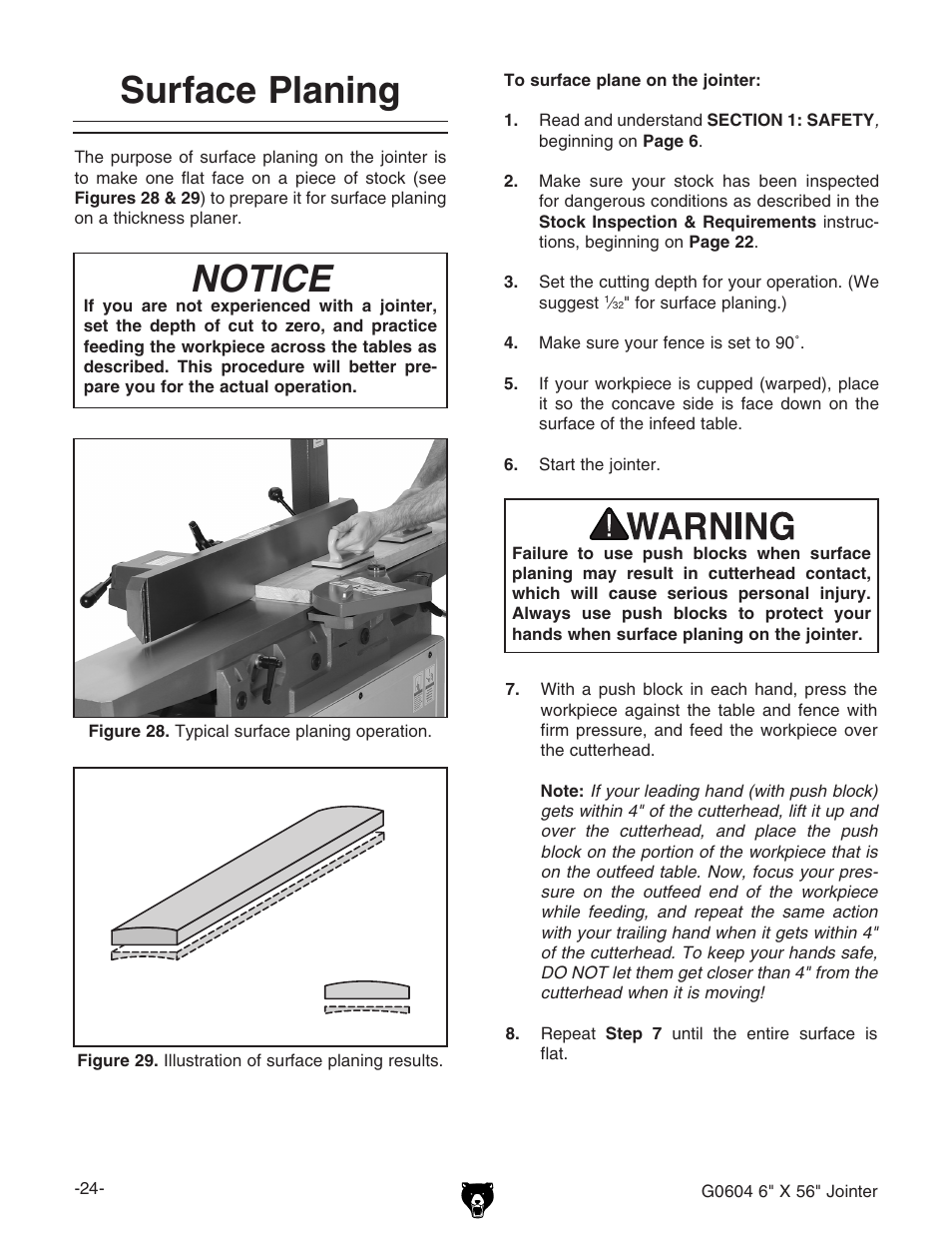 Notice, Surface planing | Grizzly G0604 User Manual | Page 26 / 56