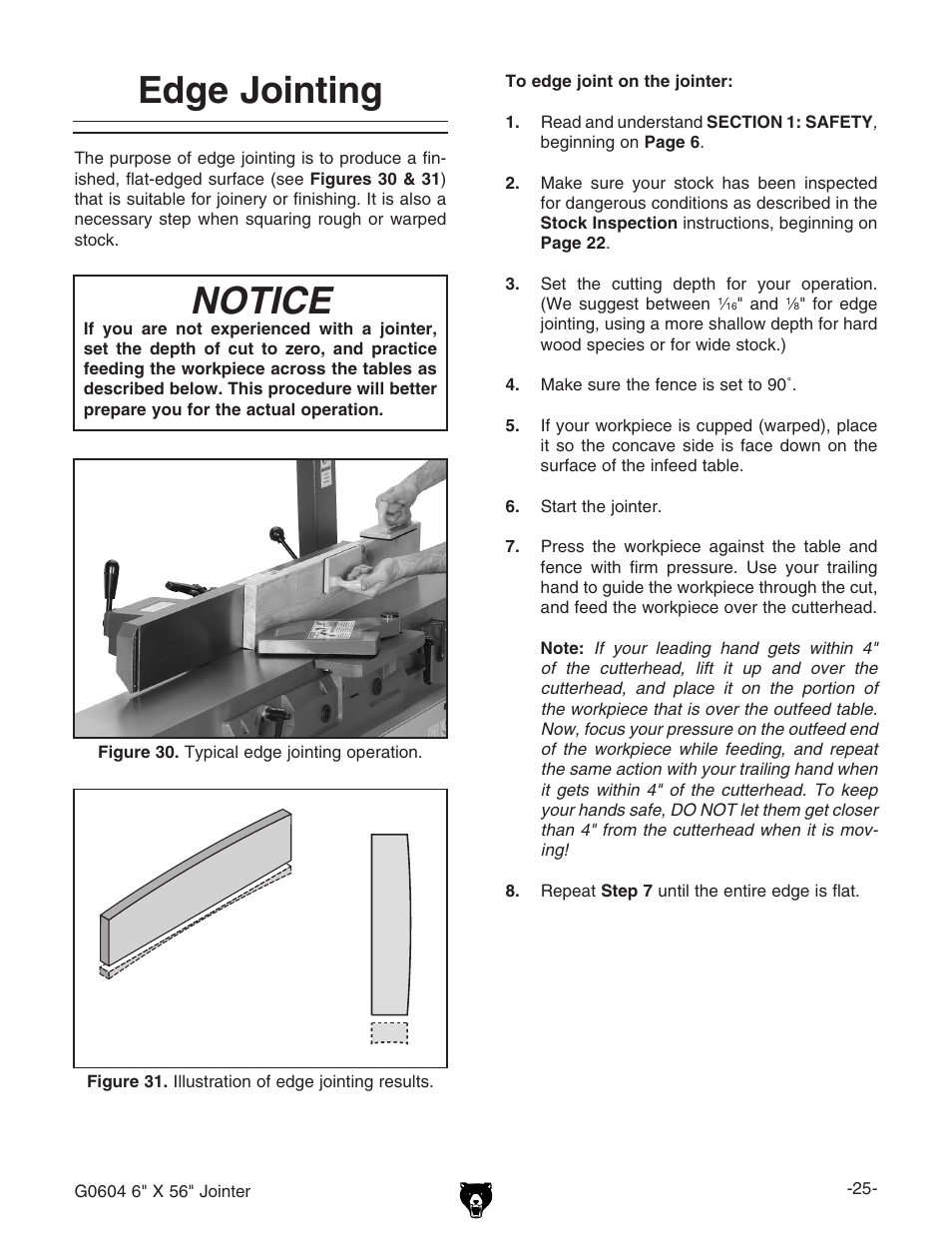 Notice, Edge jointing | Grizzly G0604 User Manual | Page 27 / 56