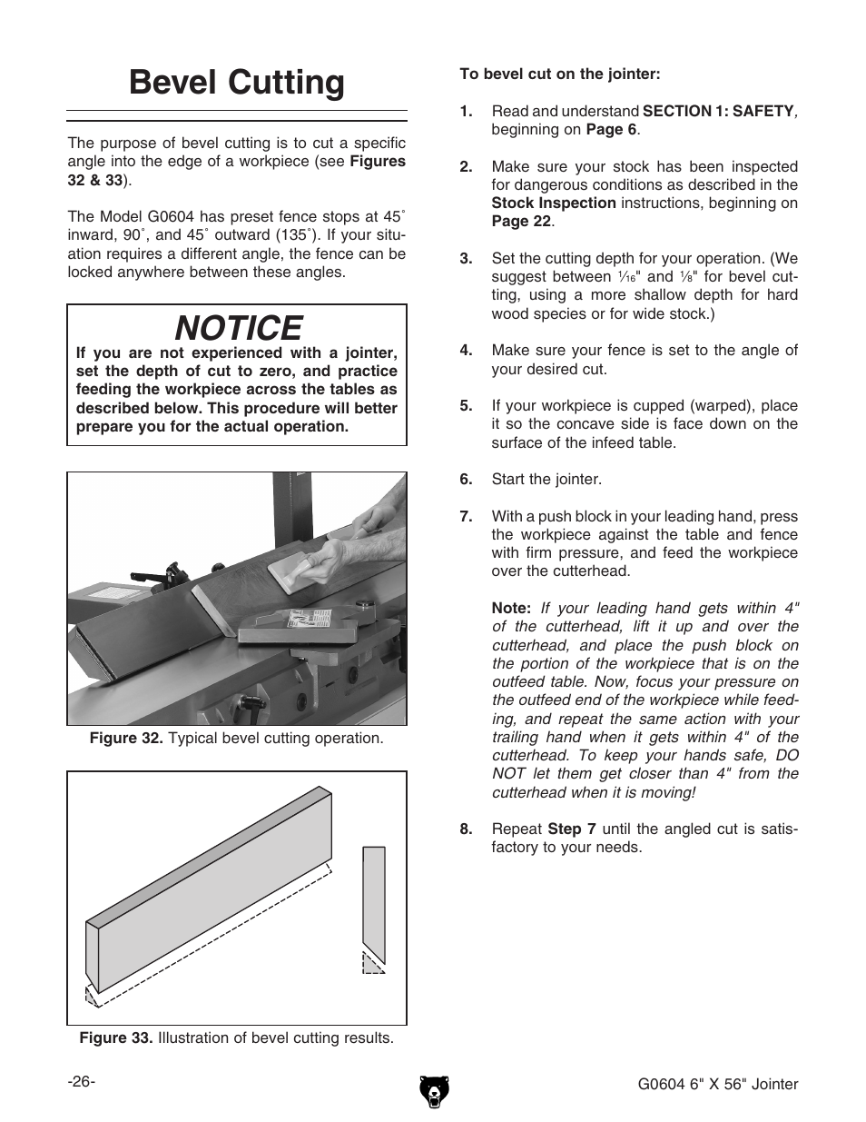 Notice, Bevel cutting | Grizzly G0604 User Manual | Page 28 / 56