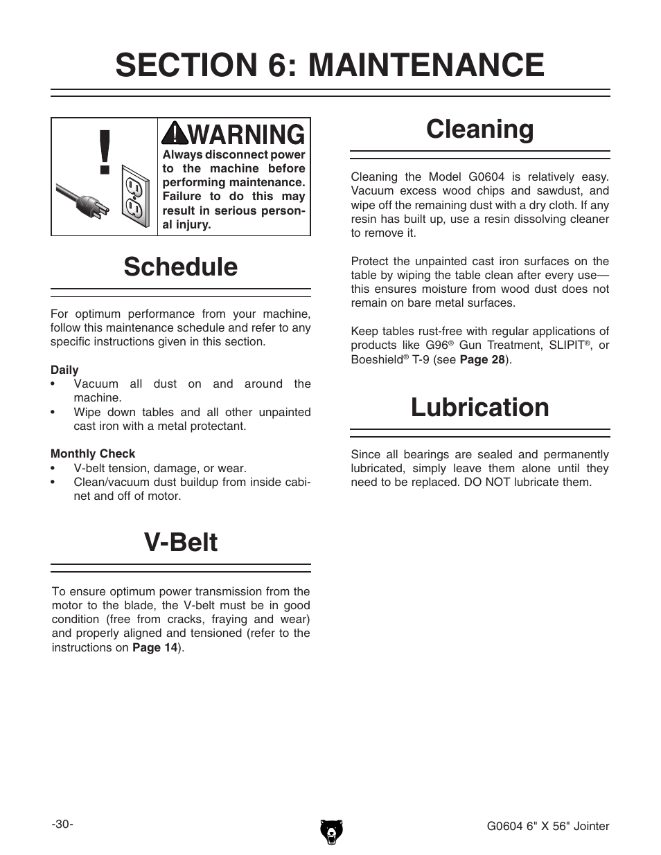 Schedule, V-belt cleaning lubrication | Grizzly G0604 User Manual | Page 32 / 56