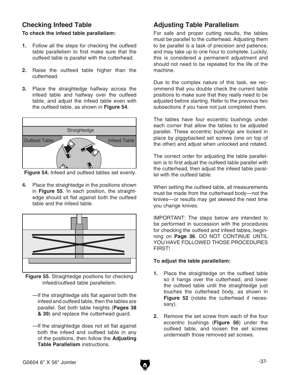 Adjusting table parallelism, Checking infeed table | Grizzly G0604 User Manual | Page 39 / 56