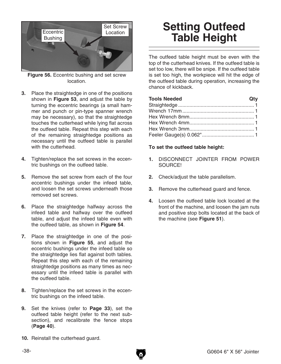 Setting outfeed table height | Grizzly G0604 User Manual | Page 40 / 56