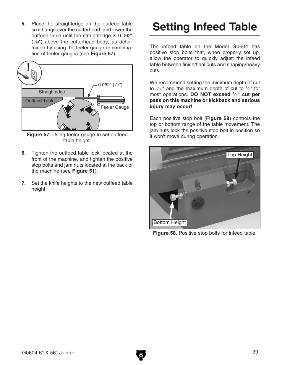 Setting infeed table | Grizzly G0604 User Manual | Page 41 / 56