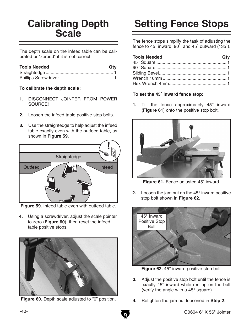 Setting fence stops, Calibrating depth scale | Grizzly G0604 User Manual | Page 42 / 56