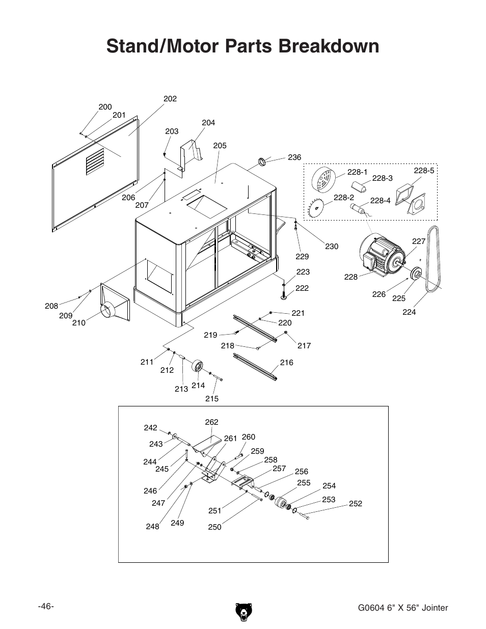 Stand/motor parts breakdown | Grizzly G0604 User Manual | Page 48 / 56