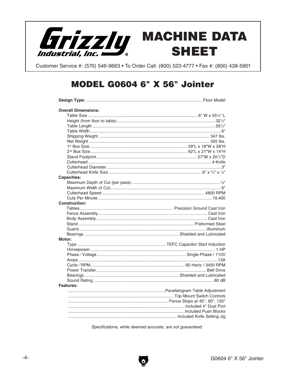 Machine data sheet | Grizzly G0604 User Manual | Page 6 / 56