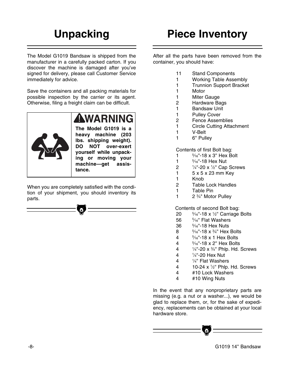 Unpacking, Piece inventory | Grizzly G1019 User Manual | Page 10 / 48