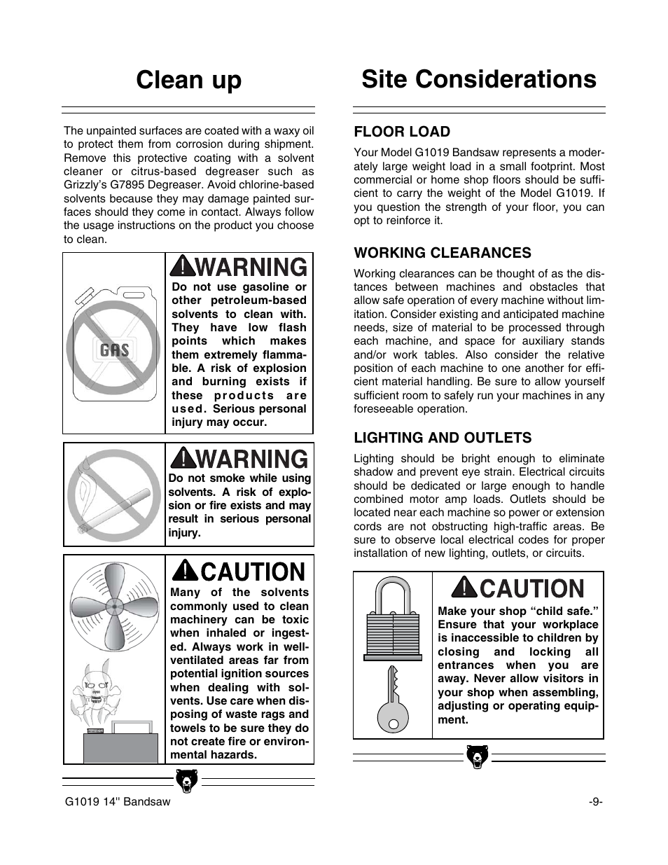 Clean up site considerations | Grizzly G1019 User Manual | Page 11 / 48