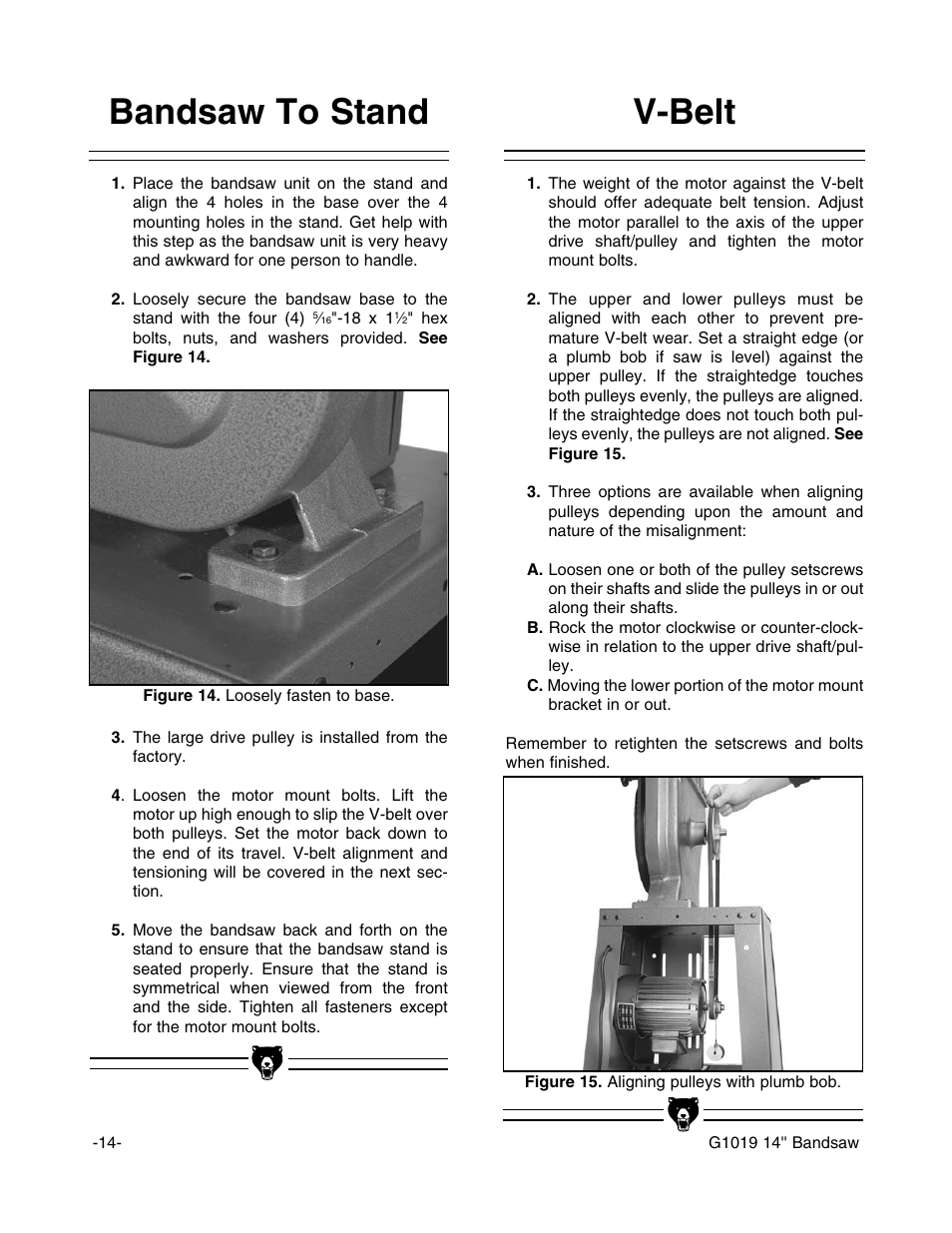 V-belt, Bandsaw to stand | Grizzly G1019 User Manual | Page 16 / 48