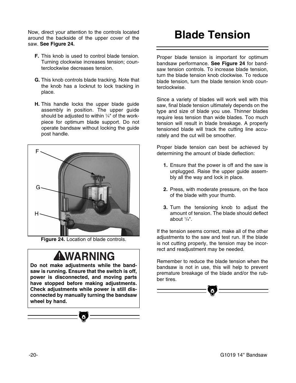 Blade tension | Grizzly G1019 User Manual | Page 22 / 48