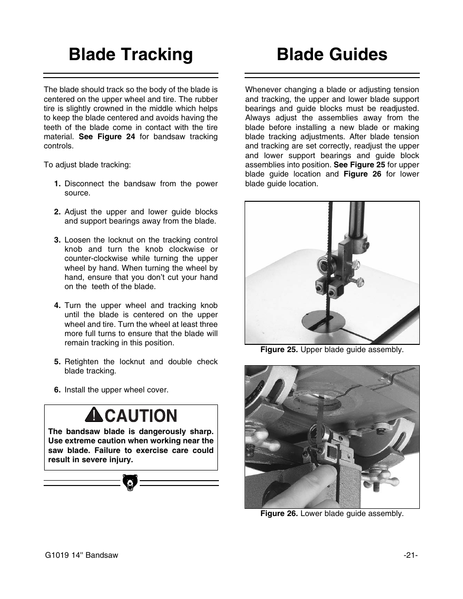 Blade guides, Blade tracking | Grizzly G1019 User Manual | Page 23 / 48