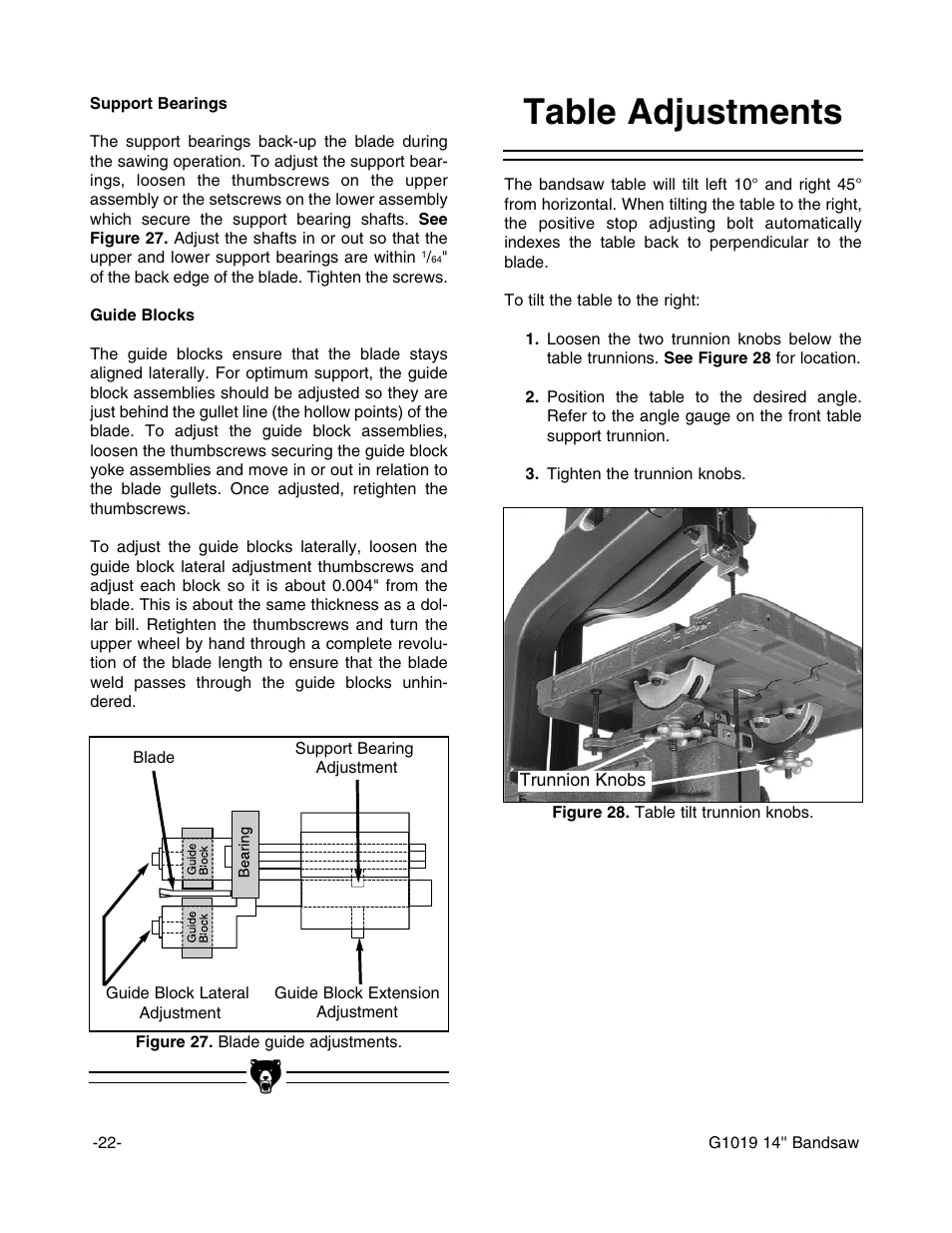 Table adjustments | Grizzly G1019 User Manual | Page 24 / 48