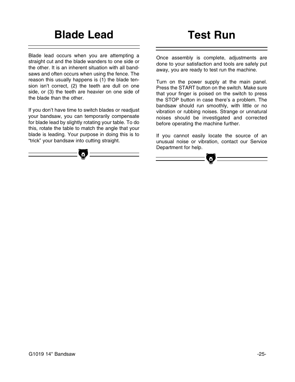 Test run blade lead | Grizzly G1019 User Manual | Page 27 / 48
