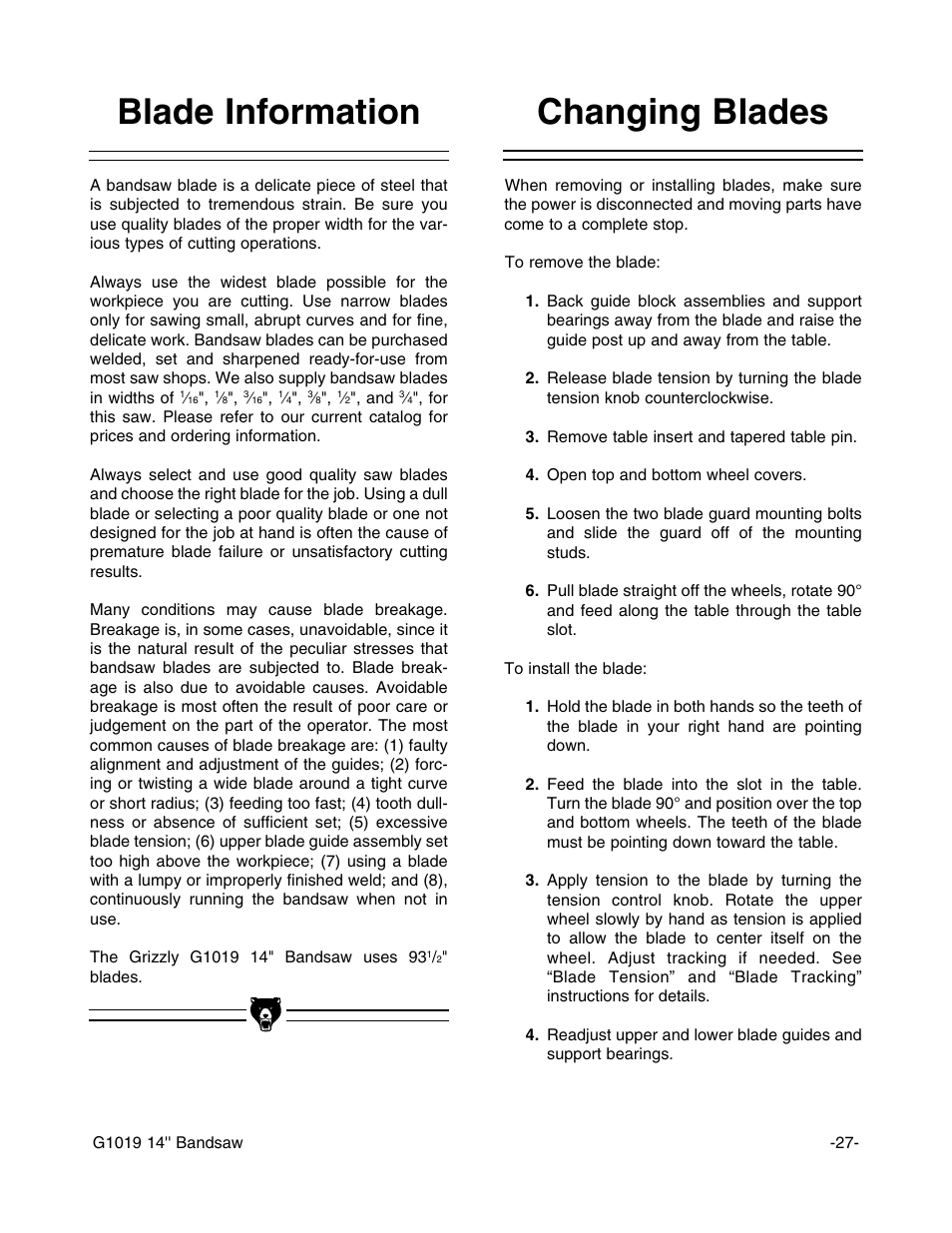 Changing blades, Blade information | Grizzly G1019 User Manual | Page 29 / 48