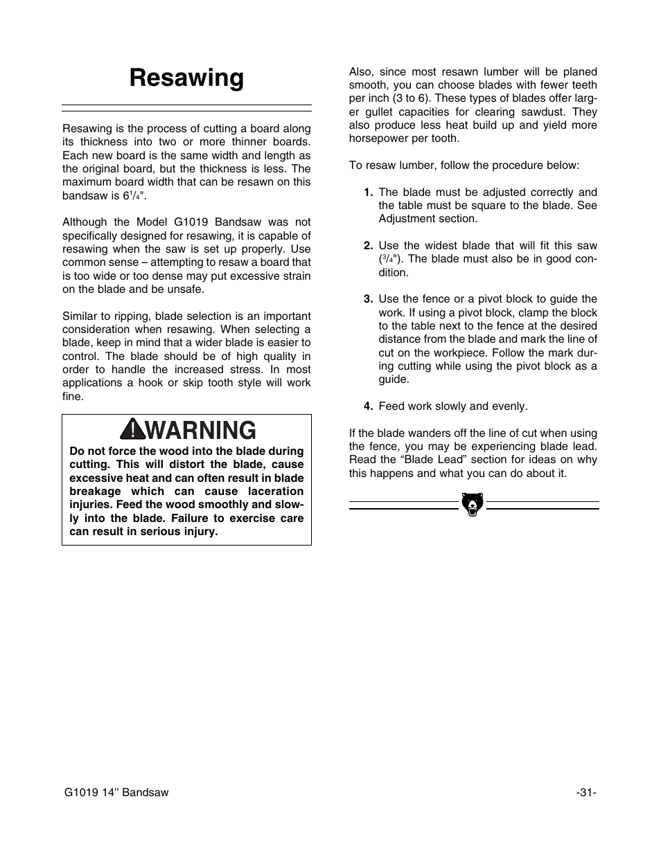 Resawing | Grizzly G1019 User Manual | Page 33 / 48