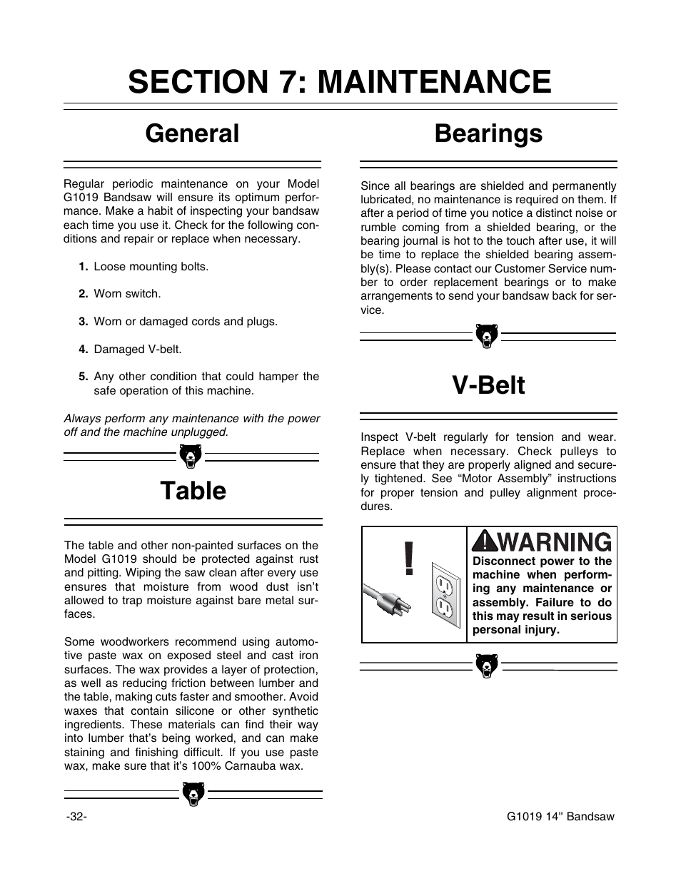 Bearings v-belt, General table | Grizzly G1019 User Manual | Page 34 / 48