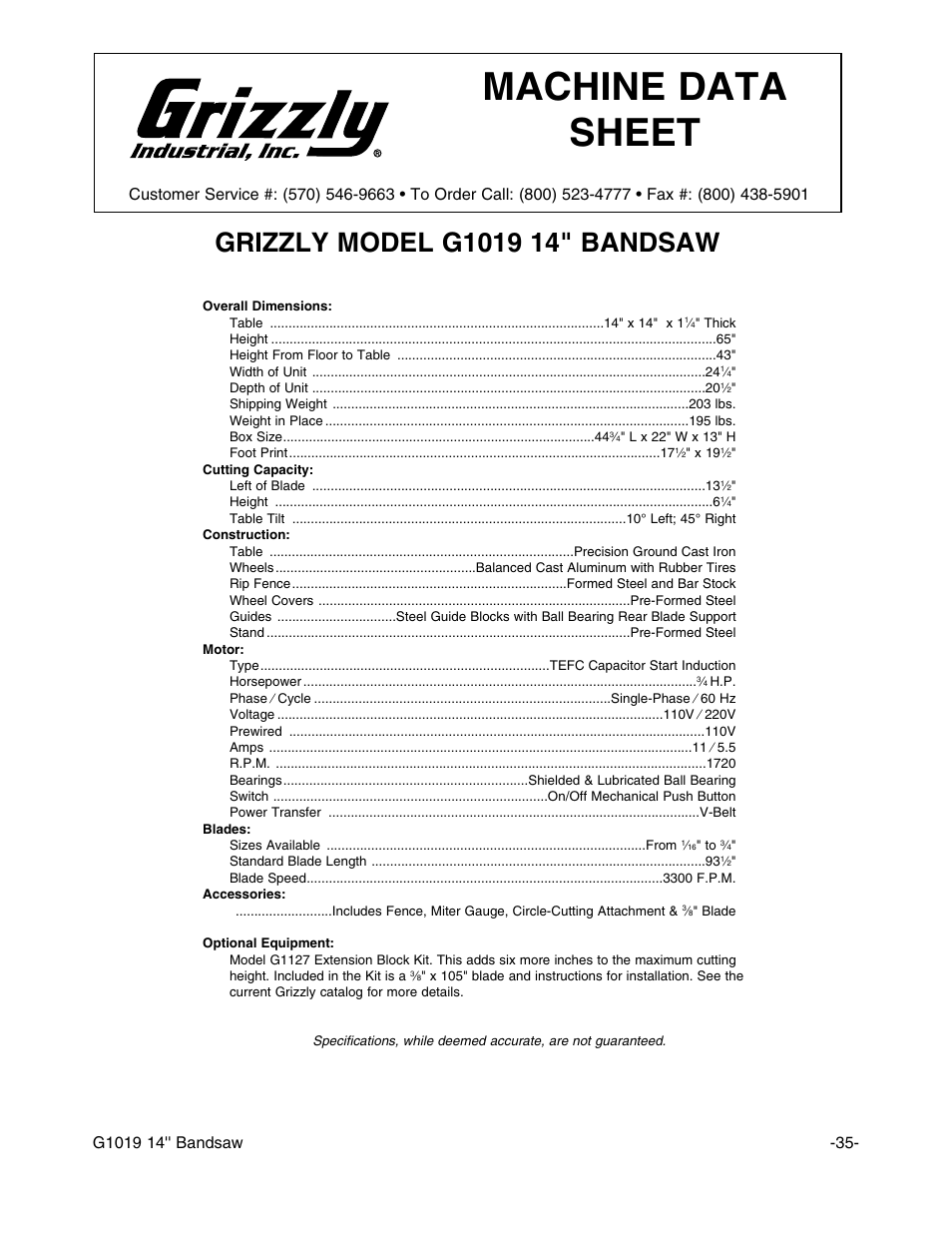 Machine data sheet | Grizzly G1019 User Manual | Page 37 / 48