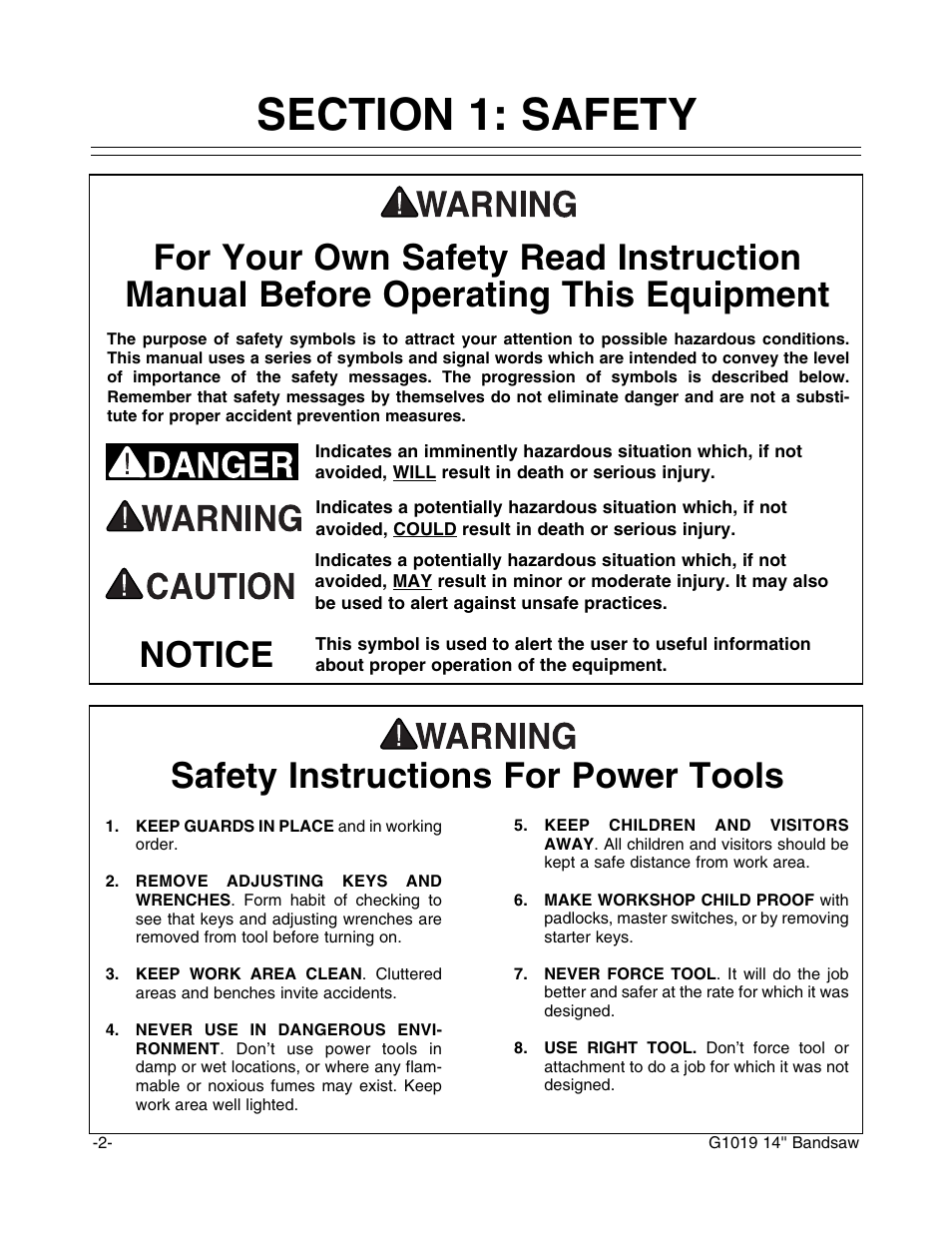 Safety instructions for power tools, Notice | Grizzly G1019 User Manual | Page 4 / 48