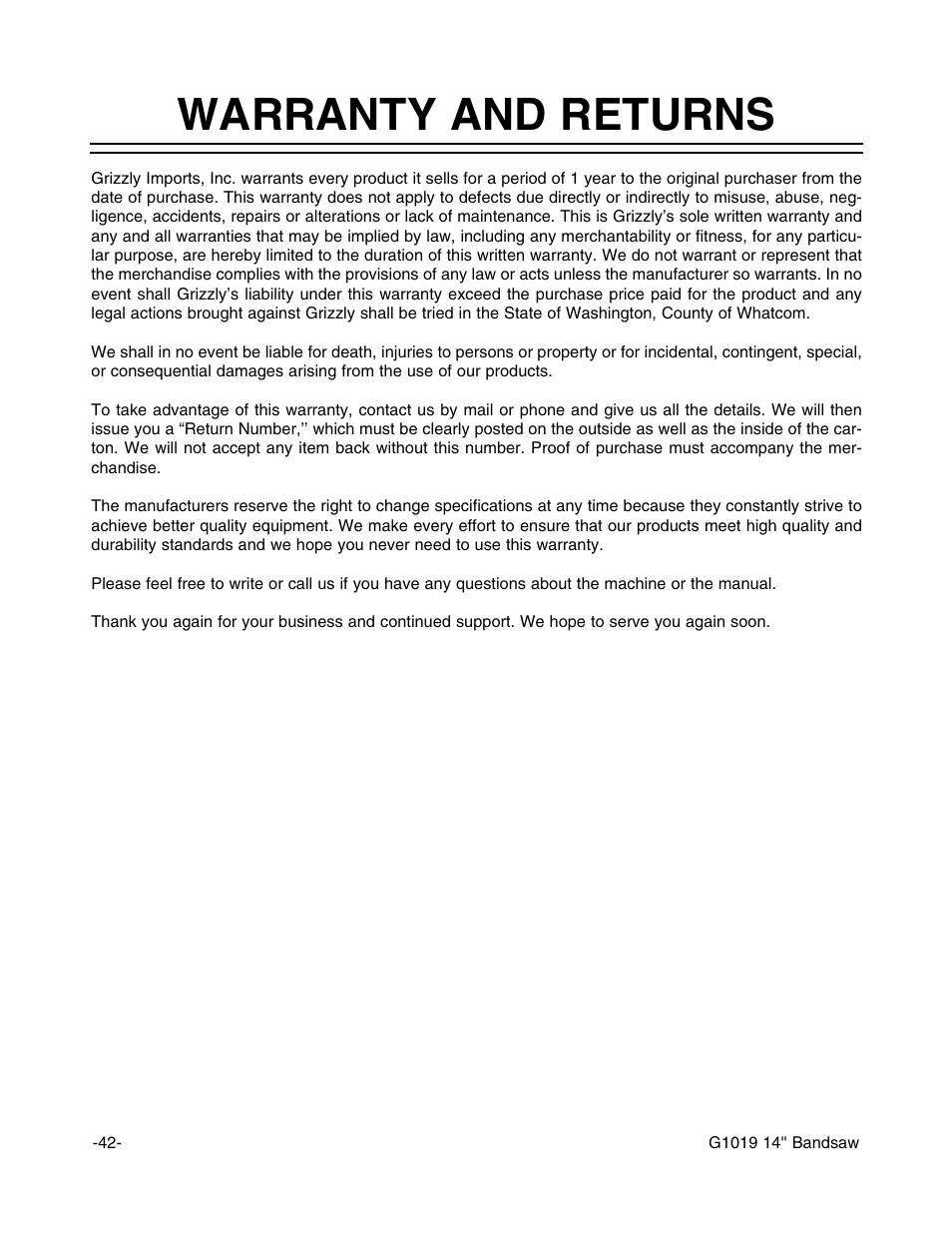 Warranty and returns | Grizzly G1019 User Manual | Page 44 / 48