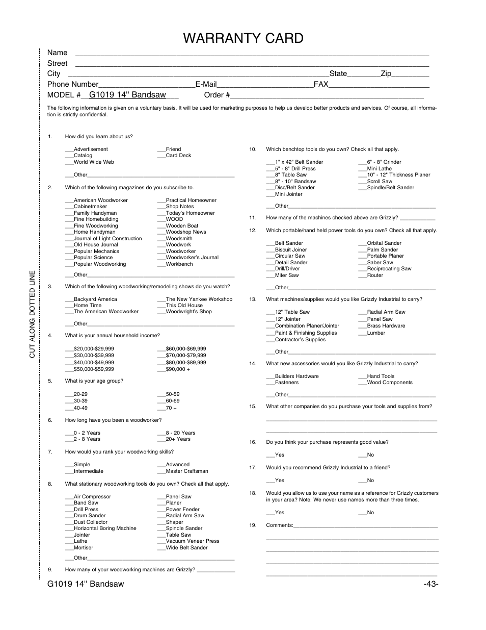 Warranty card, Order | Grizzly G1019 User Manual | Page 45 / 48