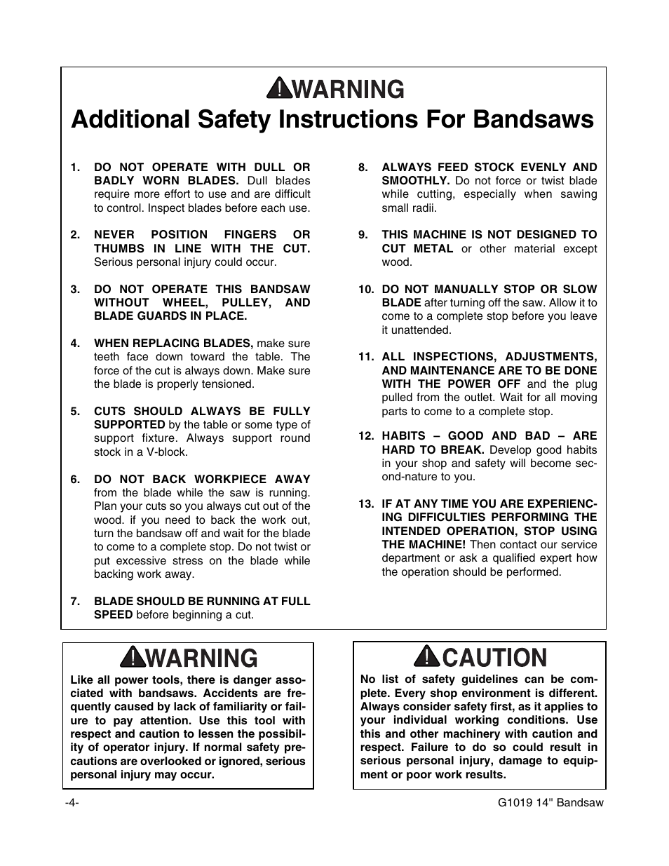 Additional safety instructions for bandsaws | Grizzly G1019 User Manual | Page 6 / 48