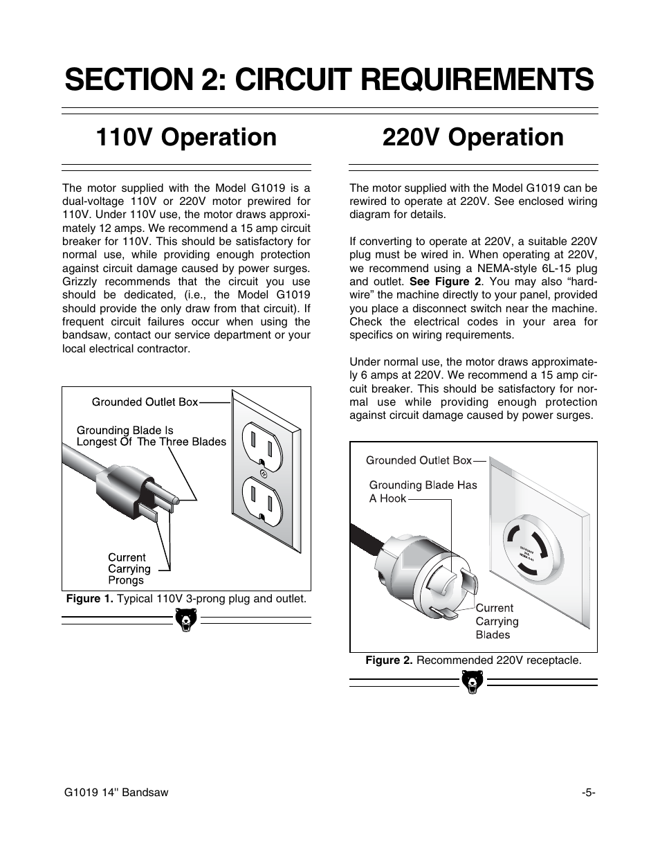 110v operation, 220v operation | Grizzly G1019 User Manual | Page 7 / 48