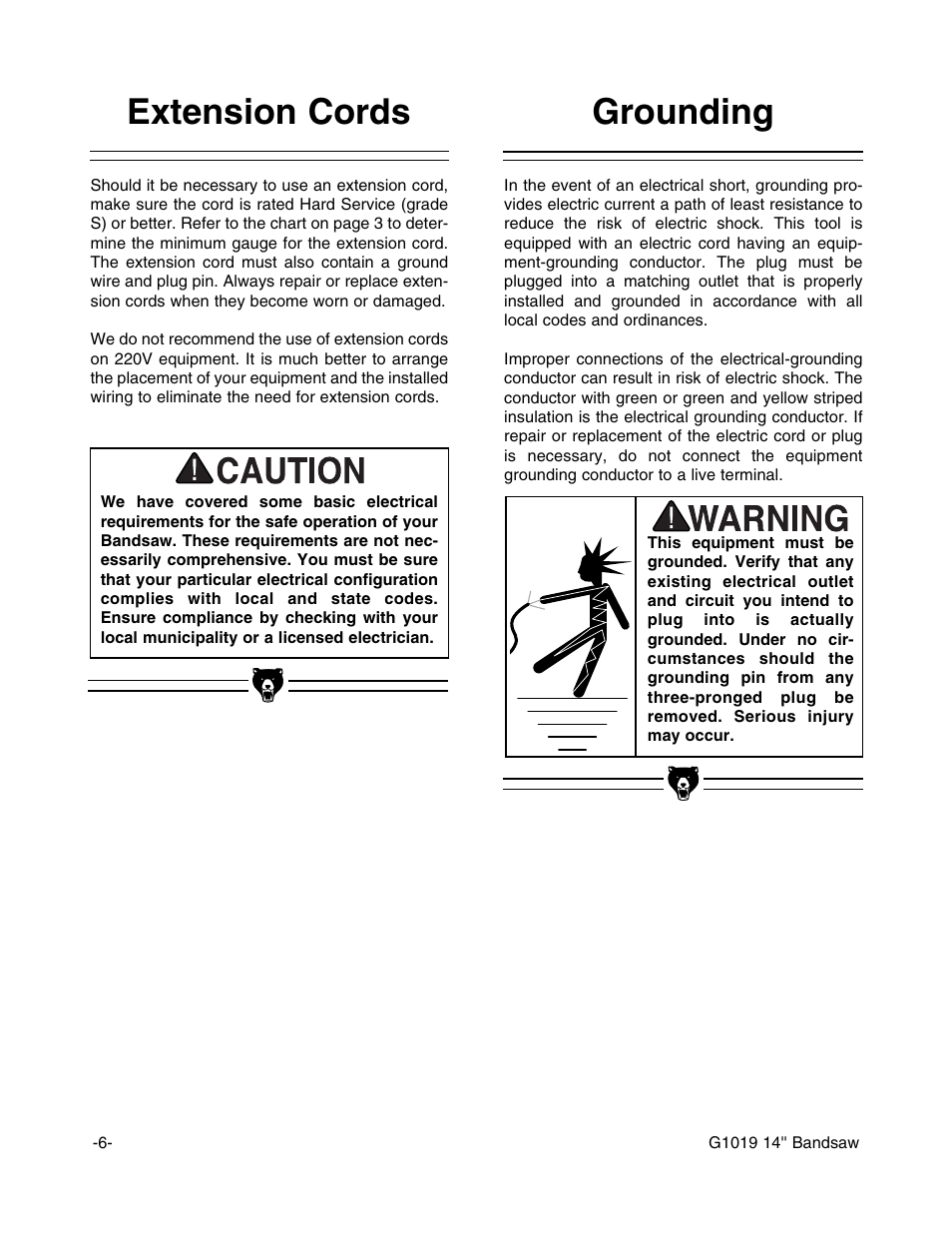 Grounding, Extension cords | Grizzly G1019 User Manual | Page 8 / 48