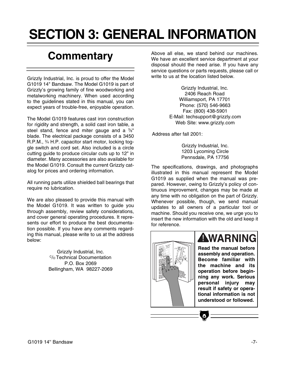 Commentary | Grizzly G1019 User Manual | Page 9 / 48