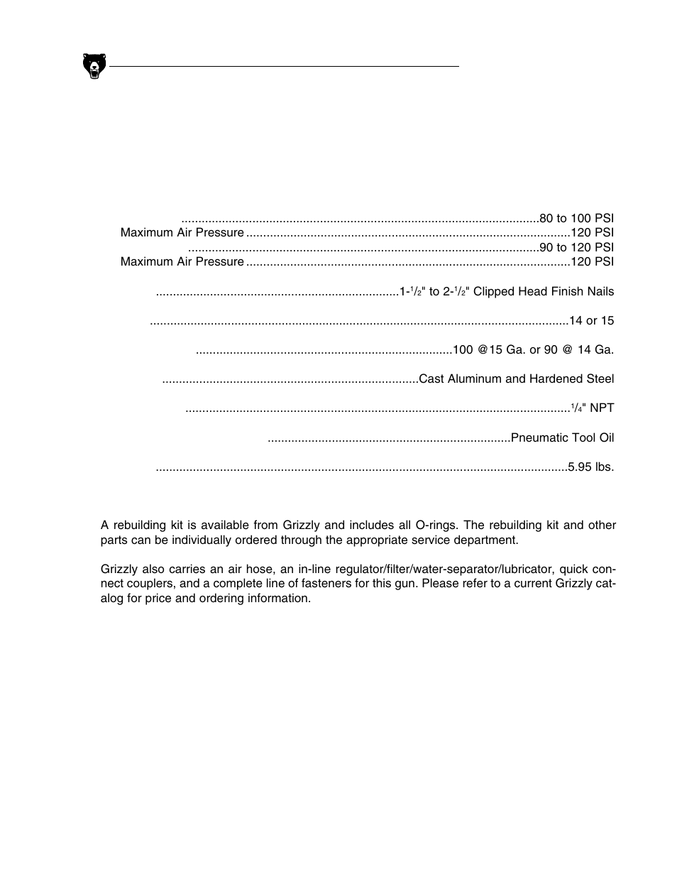 Xiii. tool data, Grizzly model g3690 angle finish nailer | Grizzly G3690 User Manual | Page 16 / 19