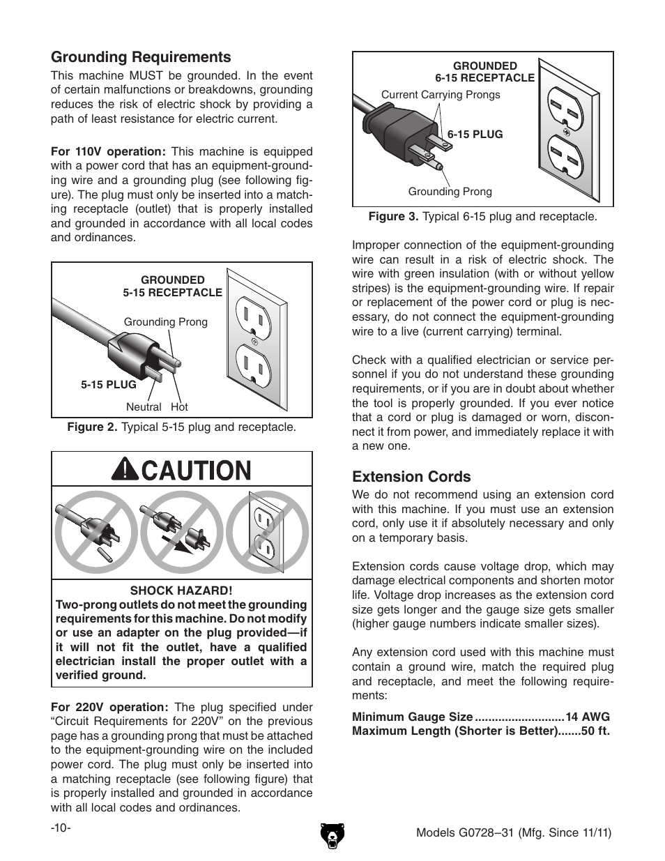 Extension cords, Grounding requirements | Grizzly Vertical Milling Machines G0728 User Manual | Page 12 / 60