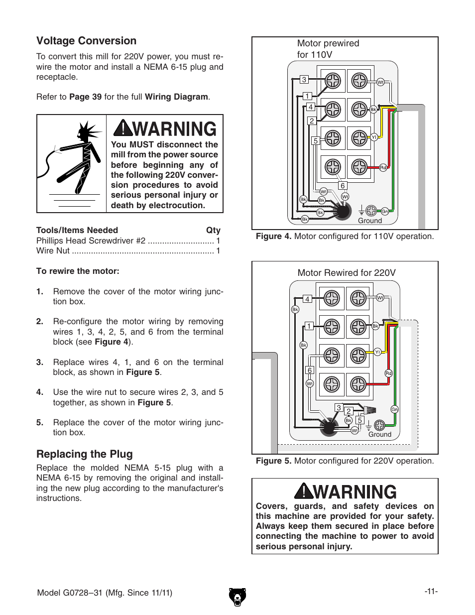 110 vac, Replacing the plug, Voltage conversion | Grizzly Vertical Milling Machines G0728 User Manual | Page 13 / 60