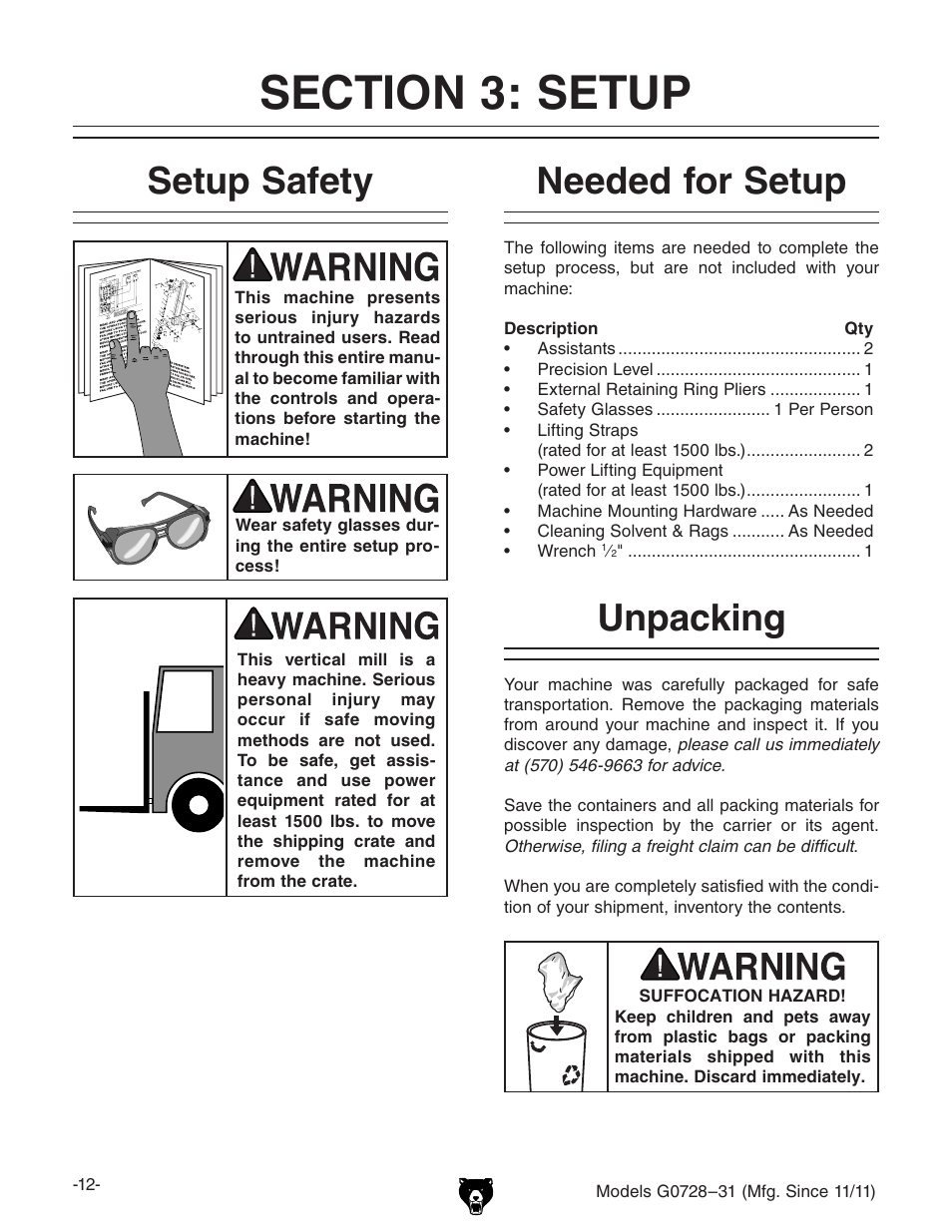 Setup safety, Needed for setup, Unpacking | Grizzly Vertical Milling Machines G0728 User Manual | Page 14 / 60