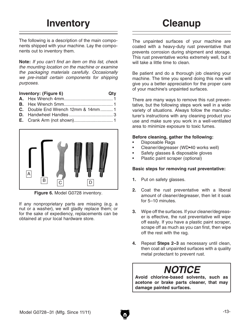 Inventory, Cleanup, Notice | Grizzly Vertical Milling Machines G0728 User Manual | Page 15 / 60
