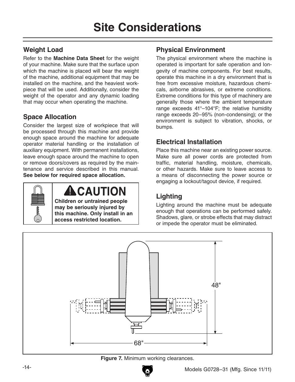Site considerations | Grizzly Vertical Milling Machines G0728 User Manual | Page 16 / 60