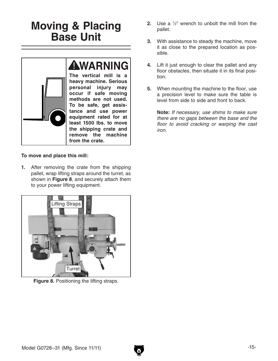 Moving & placing base unit | Grizzly Vertical Milling Machines G0728 User Manual | Page 17 / 60