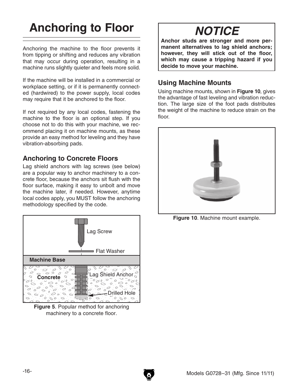 Notice, Anchoring to floor | Grizzly Vertical Milling Machines G0728 User Manual | Page 18 / 60