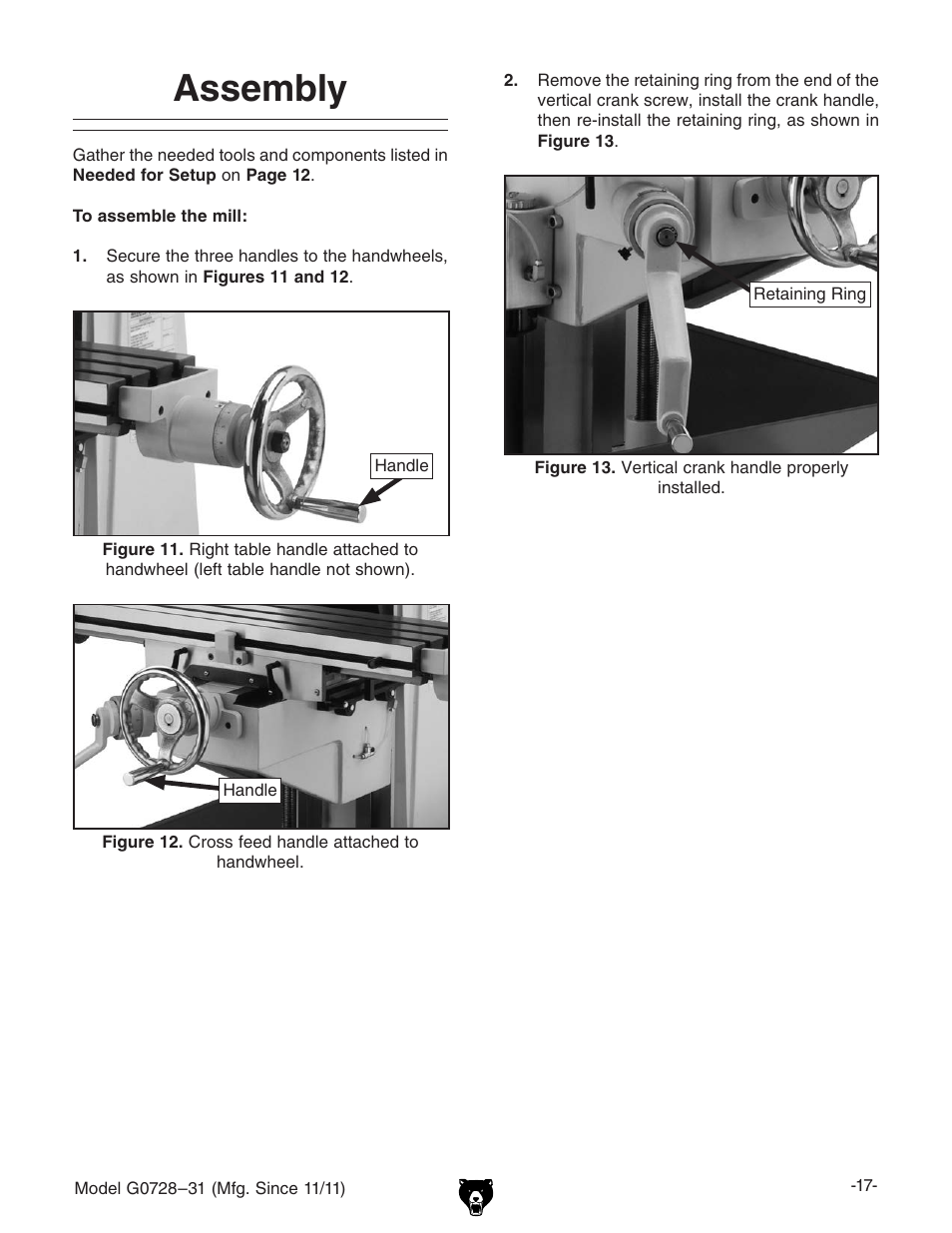 Assembly | Grizzly Vertical Milling Machines G0728 User Manual | Page 19 / 60