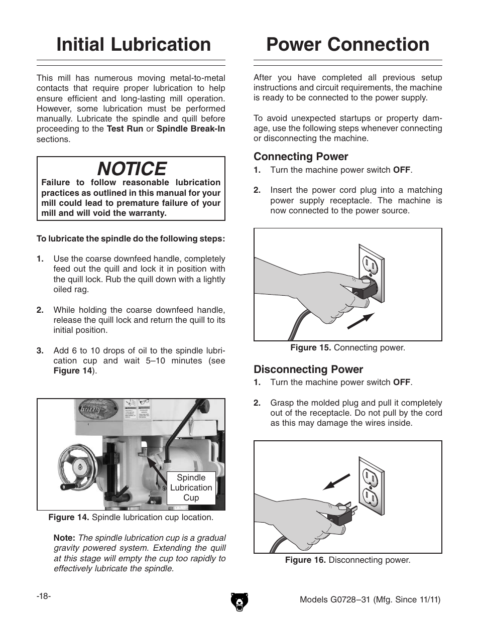 Initial lubrication, Power connection, Notice | Grizzly Vertical Milling Machines G0728 User Manual | Page 20 / 60
