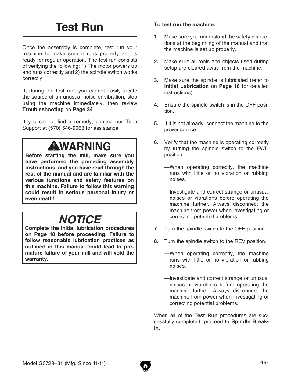 Test run, Notice | Grizzly Vertical Milling Machines G0728 User Manual | Page 21 / 60