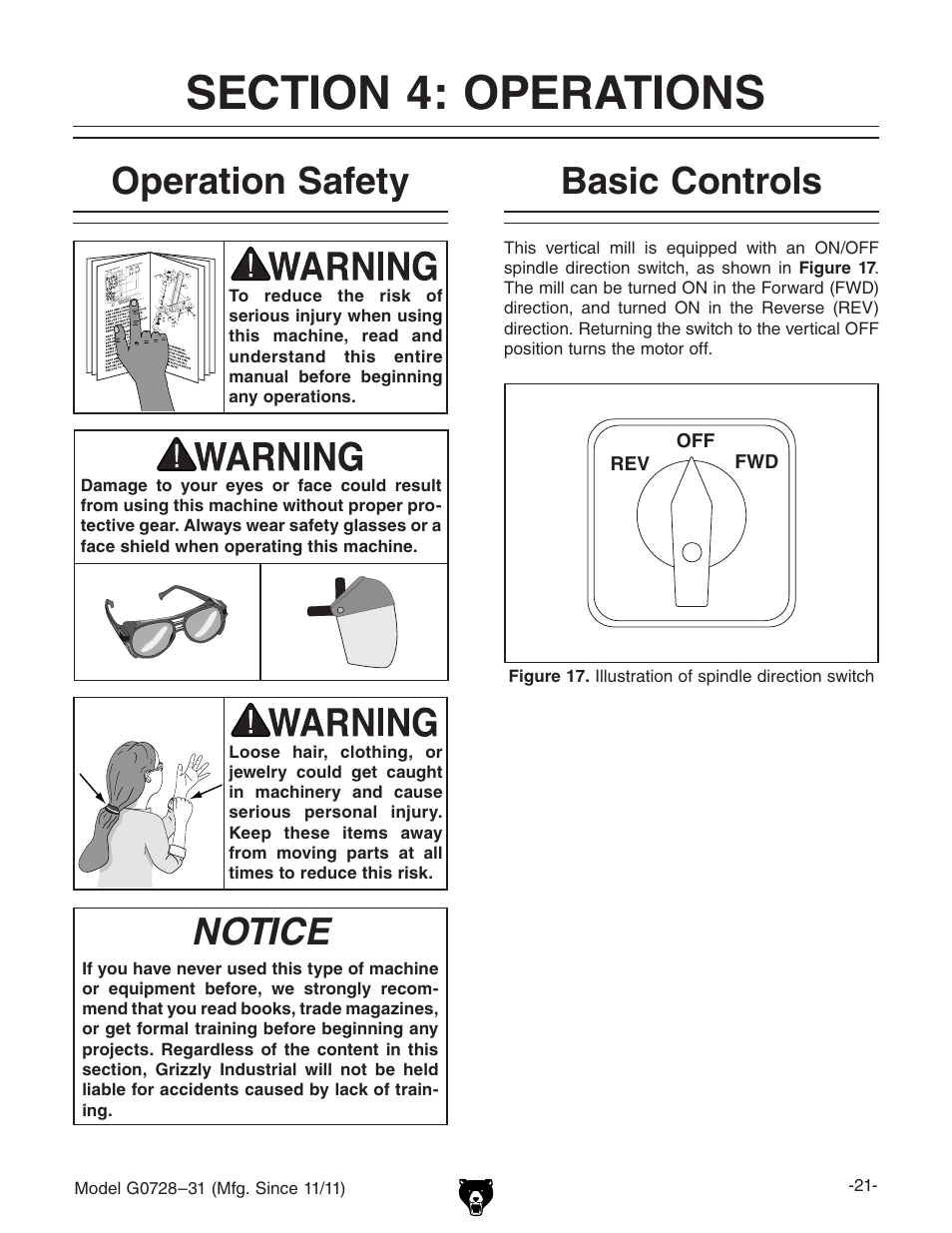 Notice, Operation safety, Basic controls | Grizzly Vertical Milling Machines G0728 User Manual | Page 23 / 60