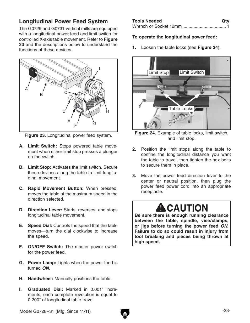 Longitudinal power feed system | Grizzly Vertical Milling Machines G0728 User Manual | Page 25 / 60