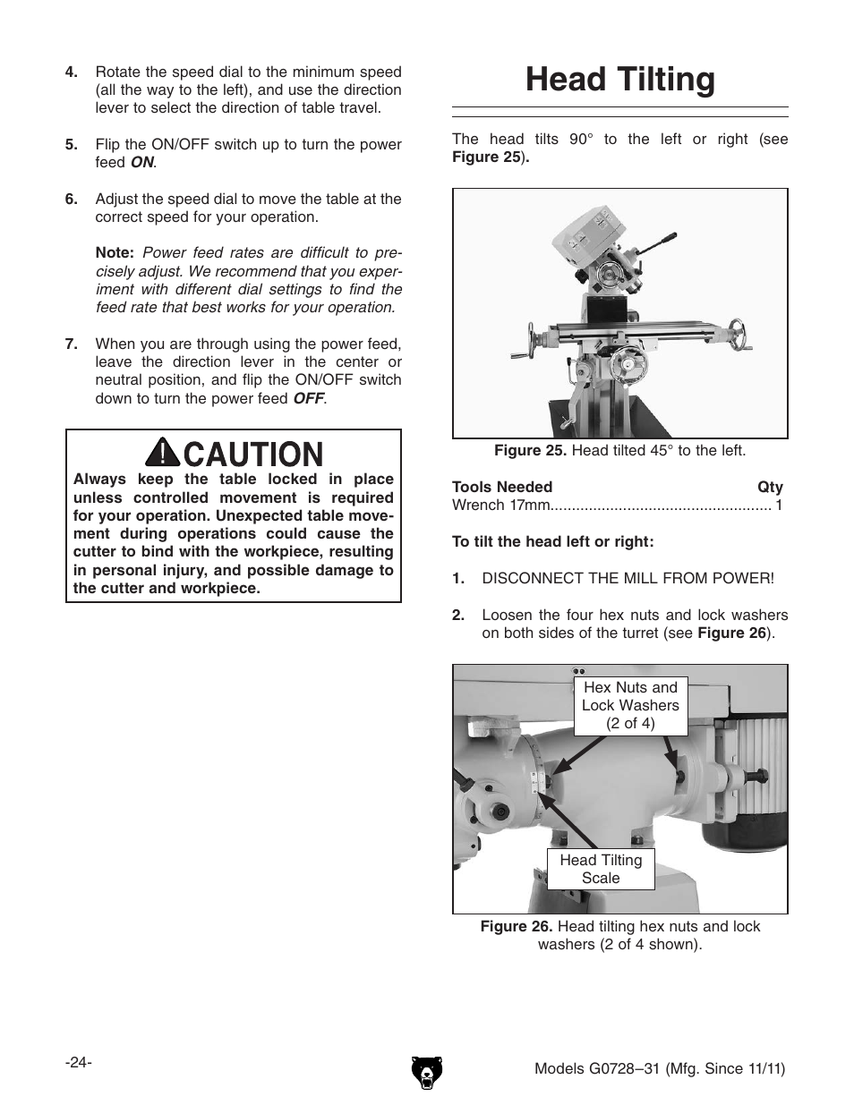 Head tilting | Grizzly Vertical Milling Machines G0728 User Manual | Page 26 / 60